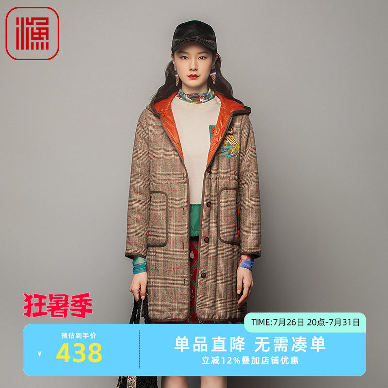 渔服饰棉服女新款冬季小方格子带帽中长款棉衣FGFD4022