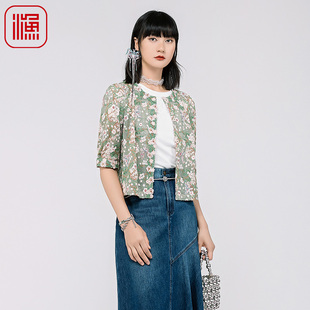 渔服饰国风女装 网布满身绣花圆领中袖 短款 外套女FGGB3052 新款