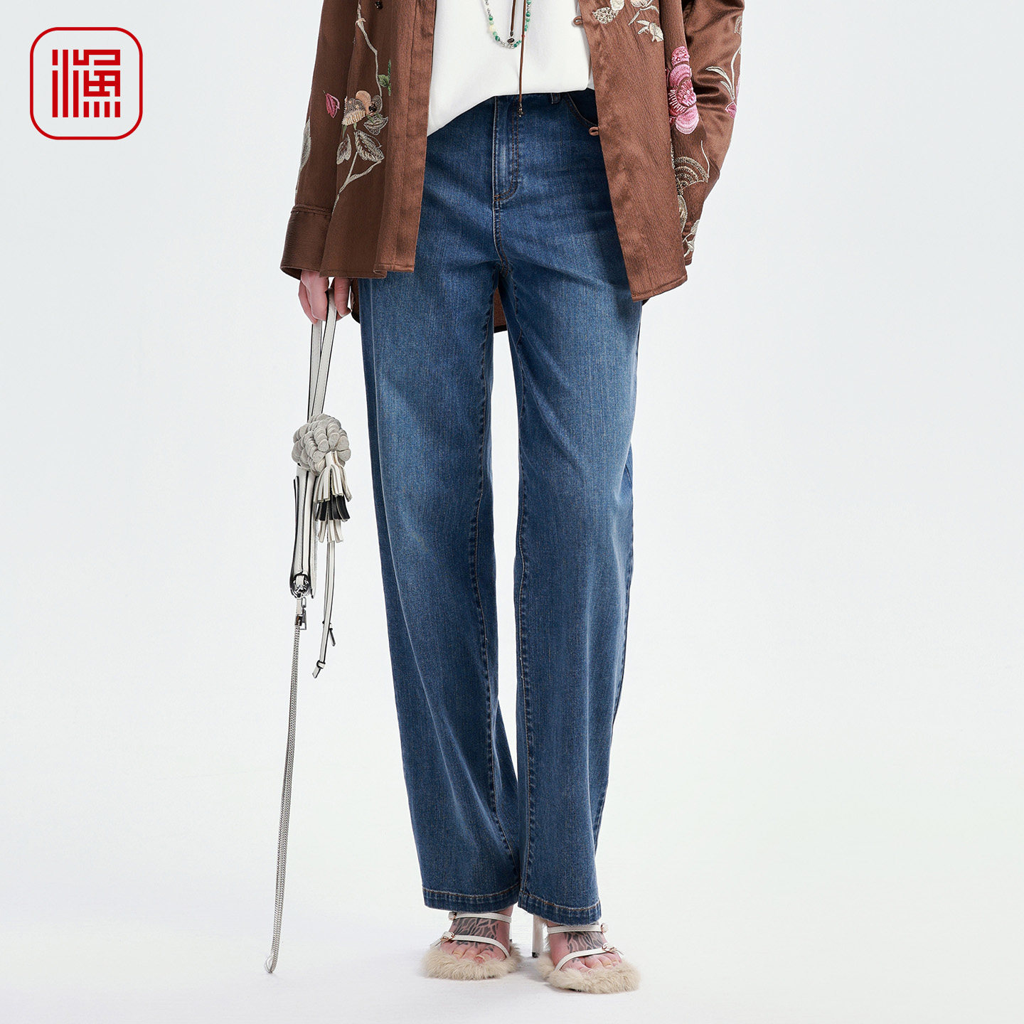 渔牌女装秋季新款直筒牛仔裤 水洗中腰刺绣修身显瘦长裤FGIC6006
