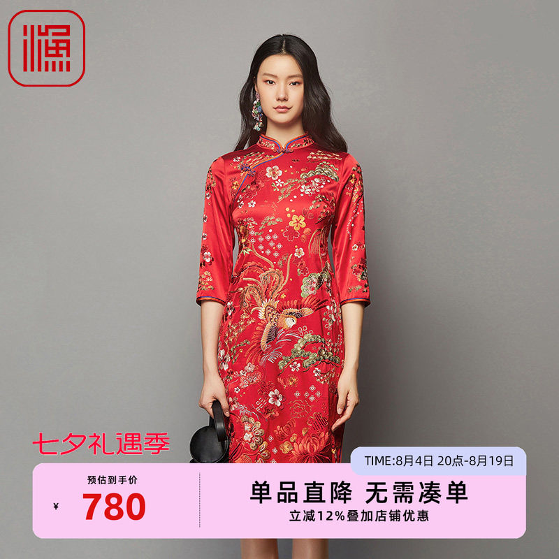 渔女装新款秋季桑蚕丝弹力国潮凤凰绣花收腰旗袍连衣裙FGFC0043