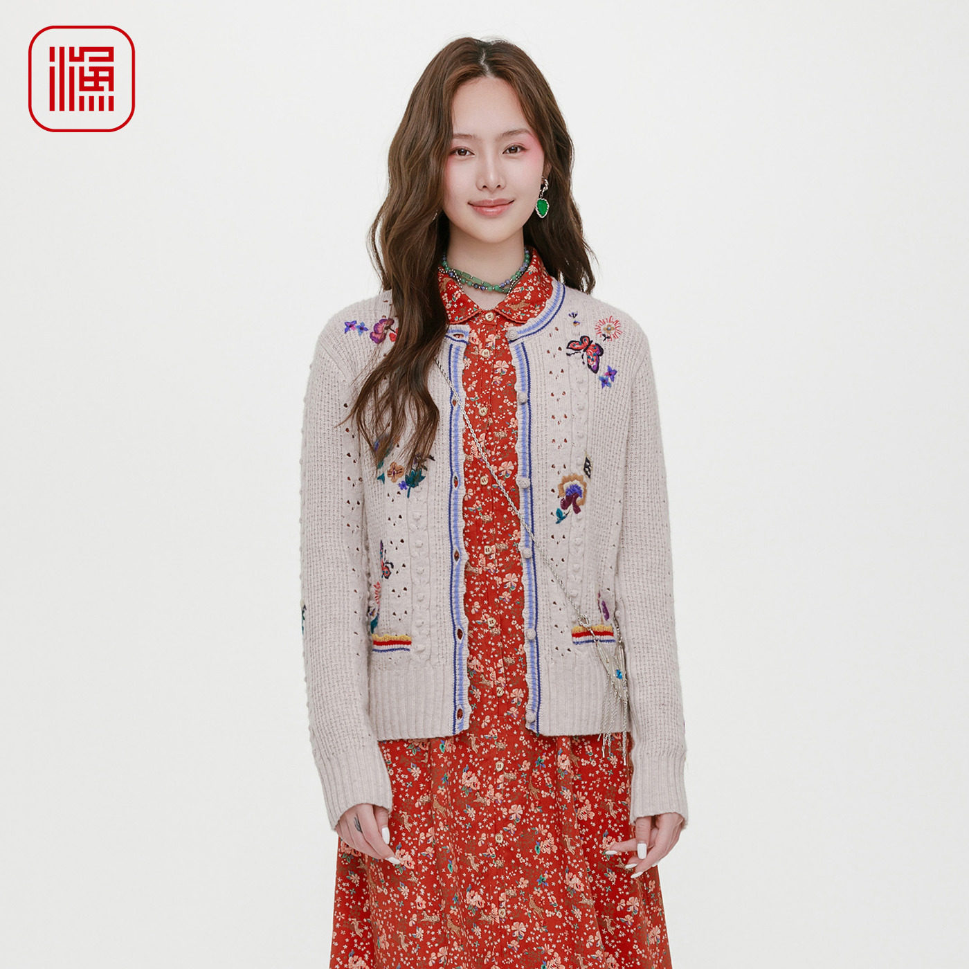 渔牌女装毛衣新款2025春秋款刺绣绣花针织开衫复古气质百搭上衣