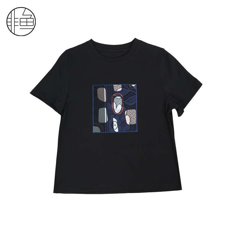 非鱼2025春季新款贴布印花T恤文艺简约套头短袖衫休闲百搭上衣,女装/女士精品,T恤,淘宝优惠券,粉丝福利购,淘宝优惠卷