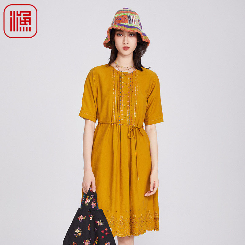 渔牌女装2025春季流行单品压皱绣花系带收腰花边连衣裙子FGHA0063