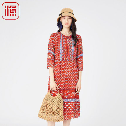 渔牌女装裙子女春季新款小碎印花桑蚕丝长袖休闲连衣裙FGGA0001
