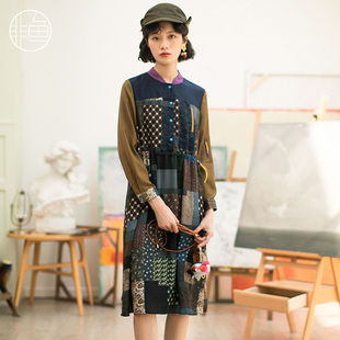 群收腰显瘦长袖 非鱼秋装 复古拼色碎花女装 连衣裙款 中裙 新品