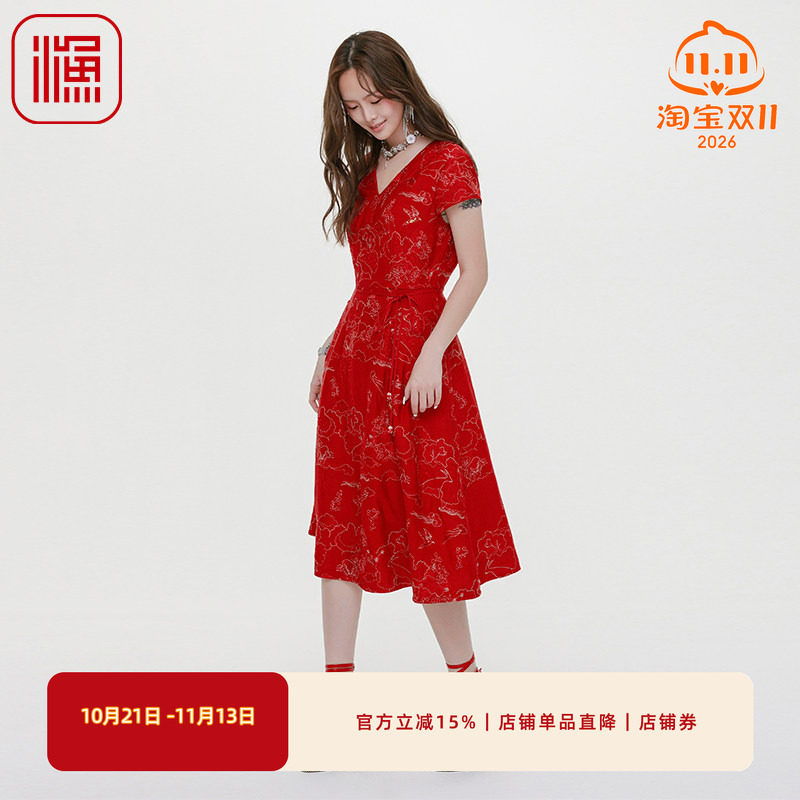 渔牌女2025早秋绣花连衣裙子优雅气质V领女裙重工高端礼服过膝裙
