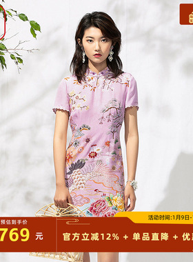 渔女装气质连衣裙年新款古典真丝桑蚕丝印花改良旗袍FGEB0079