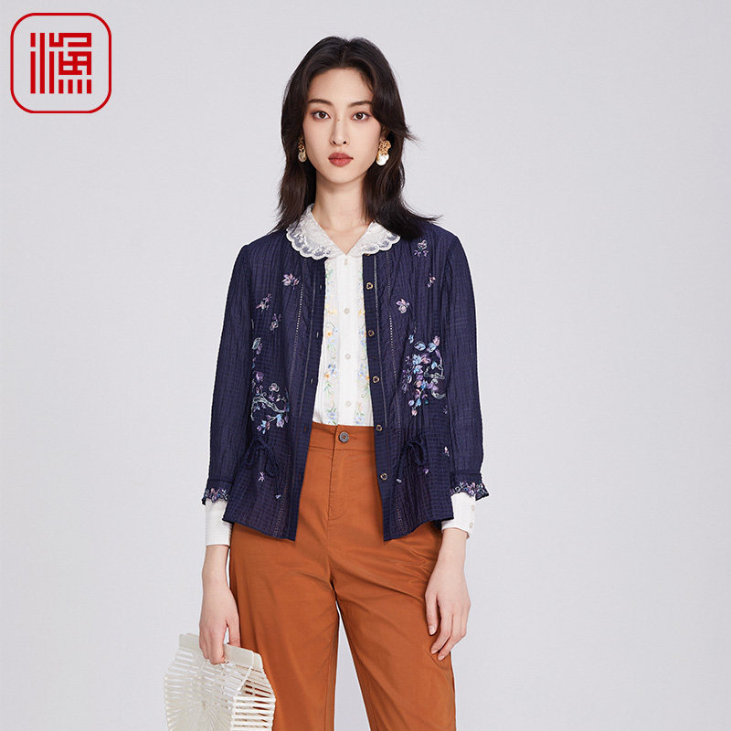 渔牌女装外套女春季2025新款小方格中式绣花抽绳百搭外套FGHA3059