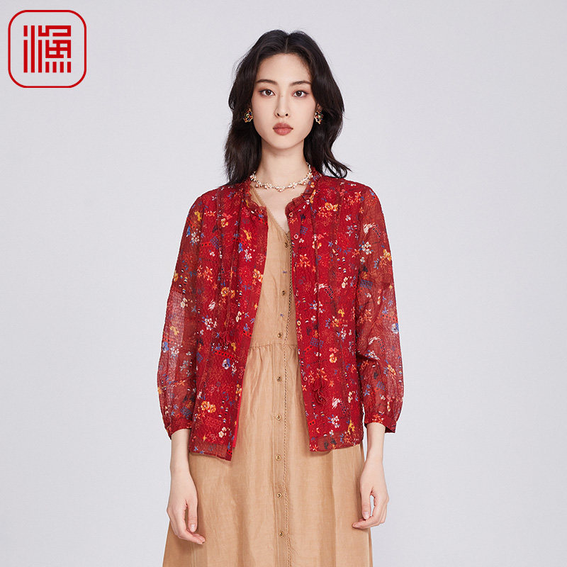 渔女装衬衣女款2025新款春季宽松新中式印花休闲雪纺上衣FGHA2208
