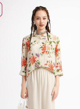 渔牌女装春夏装女款2025年新款桑蚕丝微弹印花立领短上衣FGHB2252