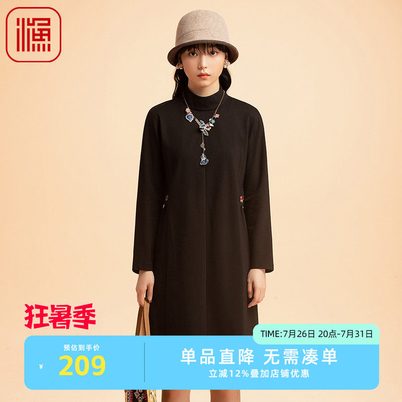 渔牌秋款女装新款弹力绣花时尚中高领长袖连衣裙子FGEC0040