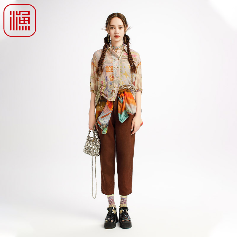 渔牌女装2025夏季新款休闲裤女士锥形显瘦刺绣裤子复古百搭小脚裤