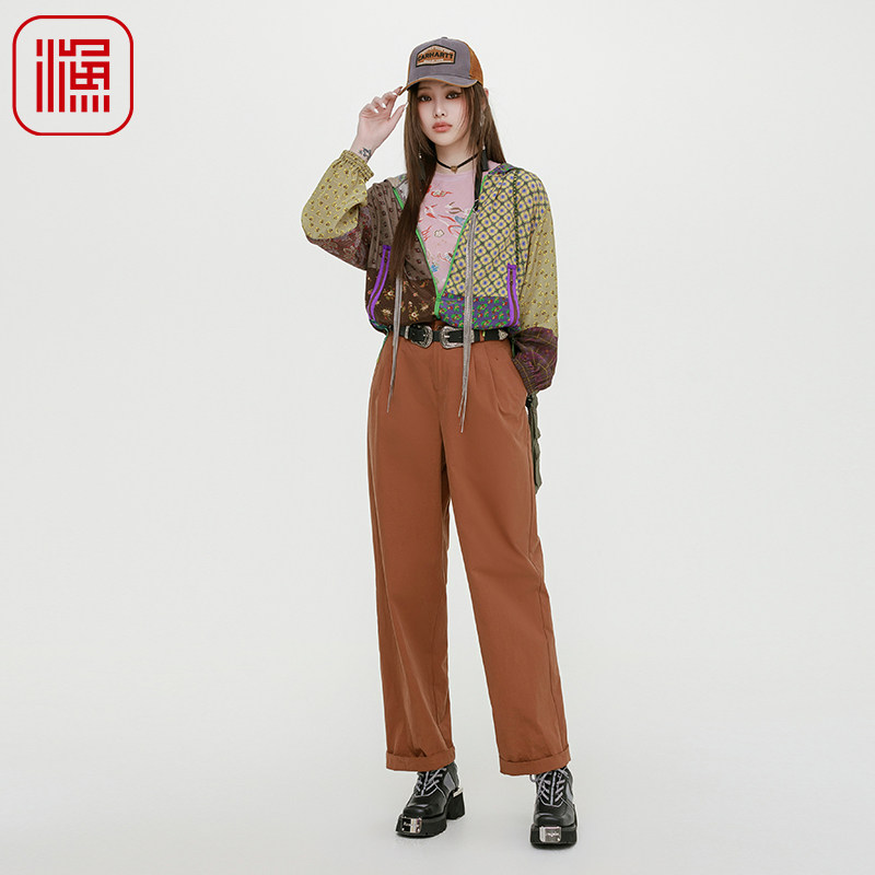 渔牌女外套女款2025新款秋装真丝连帽印花短外套时尚撞色碎花上衣