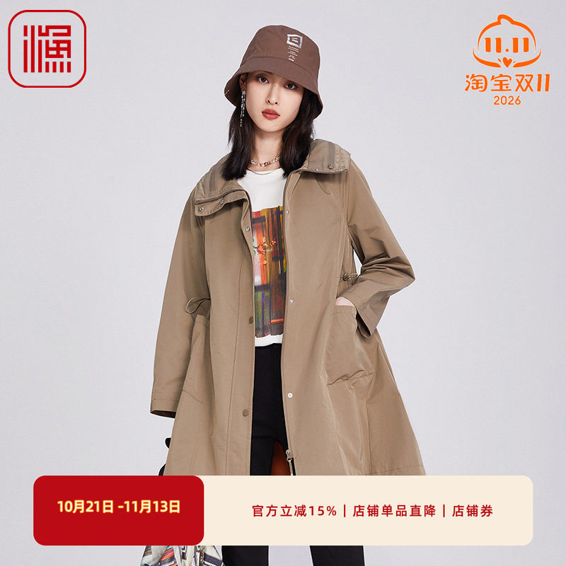 渔牌女装2025年新款高立领长款及膝宽松印花雪纺风衣外套FGHA3042