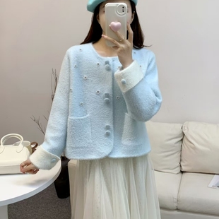 小香风水貂绒外套女秋冬季 上衣 新款 重工镶钻珍珠软糯毛衣针织开衫