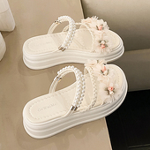 2025新款 甜美花朵厚底配裙子凉拖两穿凉鞋 仙女珍珠拖鞋 女夏外夏季