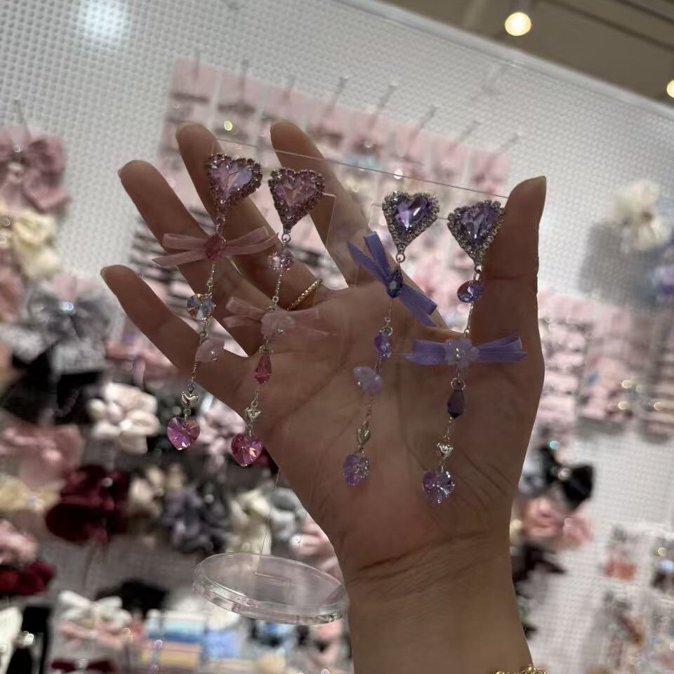 韩国进口耳环女团私搭少女甜美系超闪水晶蕾丝蝴蝶结长款流苏耳环