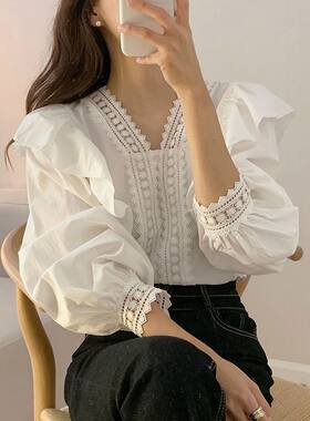 2026秋季新款设计感法式荷叶边字领荷花宽松长袖衬衫上衣女
