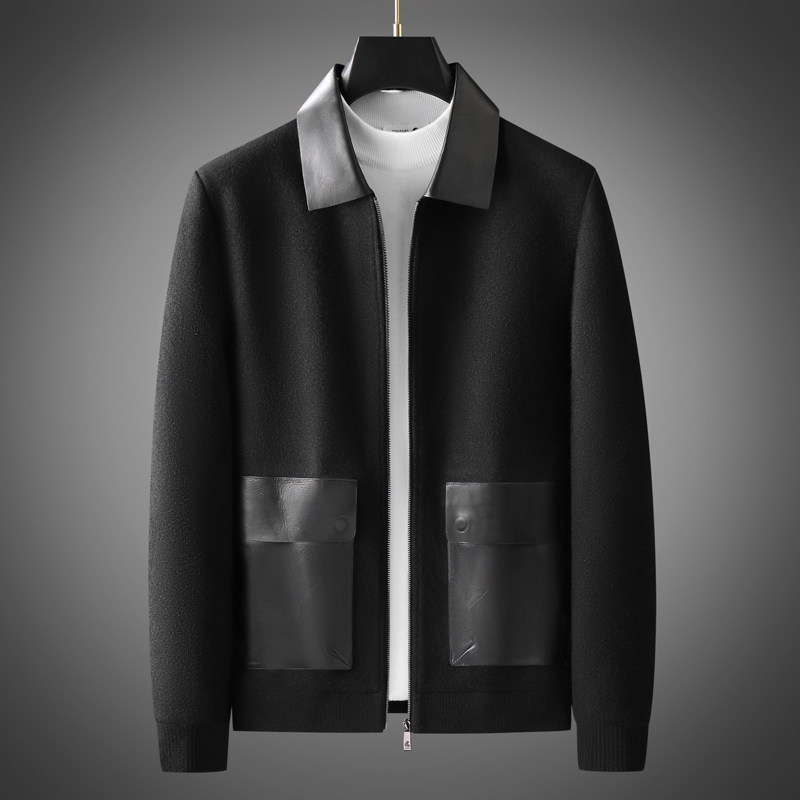 冬季新款高端绵羊皮拼接翻领毛呢外套男时尚保暖商务休闲羊毛夹克