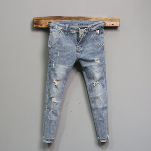潮男网红破洞九分牛仔裤男潮牌修身小脚裤韩版帅气精神小伙裤子潮