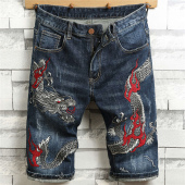 短裤 破洞牛仔裤 男裤 新款 子潮流韩版 男士 裤 2025夏季 龙腾刺绣五分裤