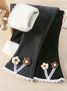 女童打底裤加绒加厚秋冬外穿长裤洋气儿童裤子宝宝一体绒喇叭裤潮