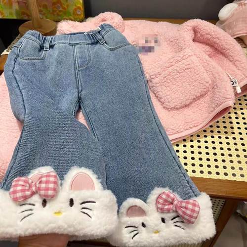 女童牛仔喇叭裤加绒休闲长裤