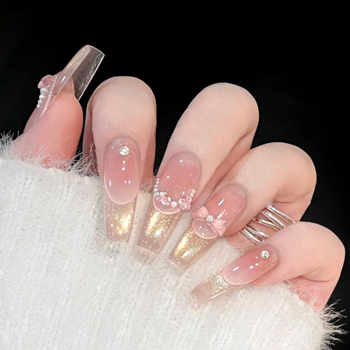 腮红浅金猫眼蝴蝶结纯手工穿戴甲