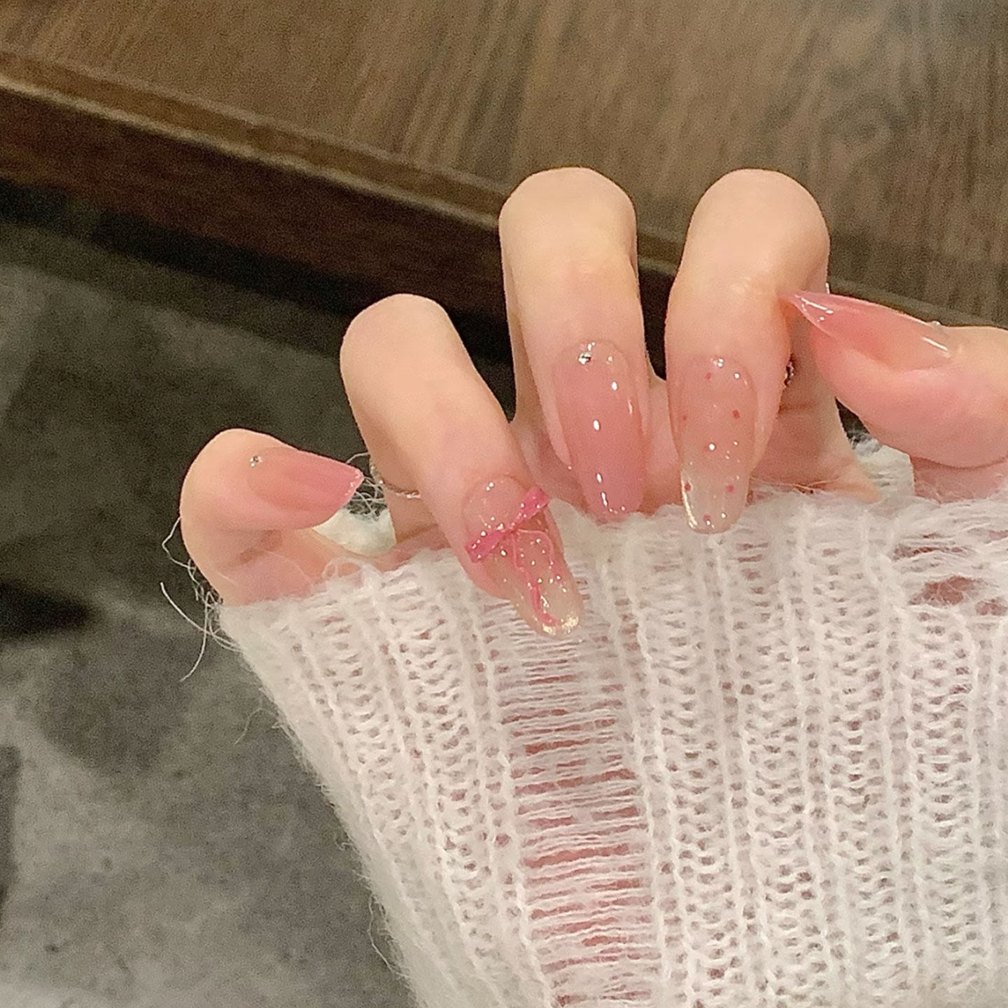 【冰梅渐变】温柔甜美仙气湿漉漉水光猫眼蝴蝶结美甲纯手工穿戴甲