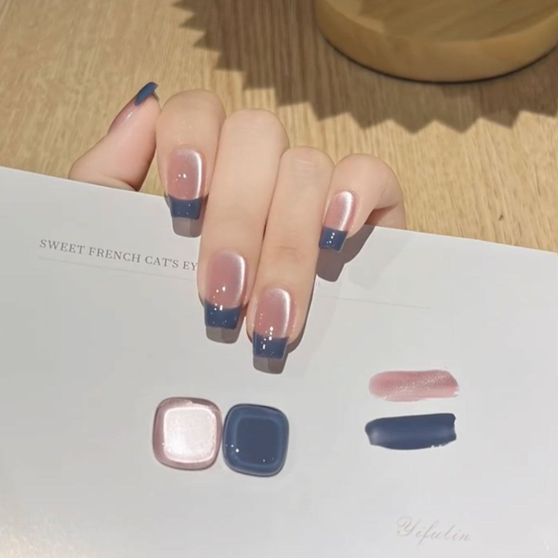 雾霾蓝法式猫眼显白纯手工穿戴甲