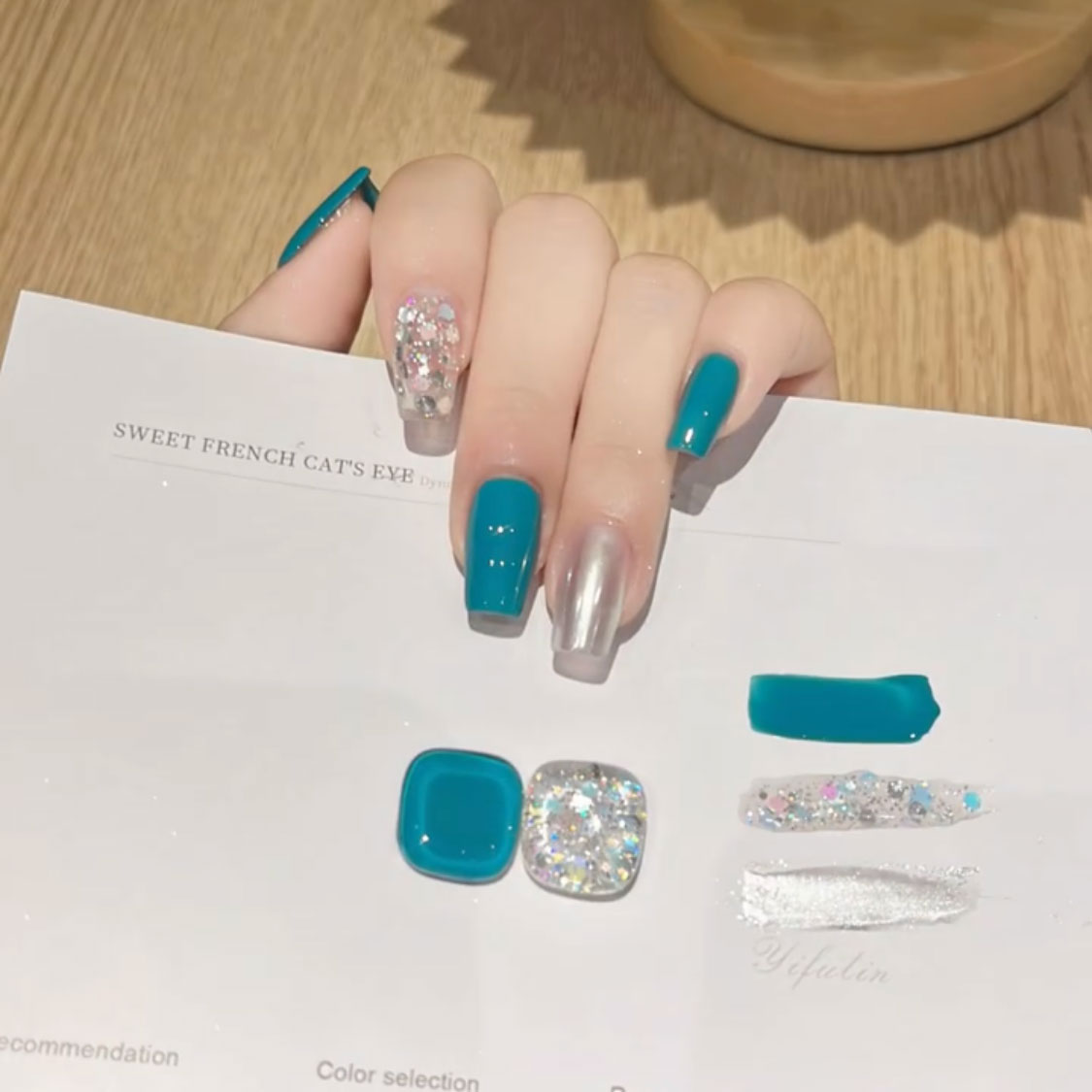 孔雀蓝气质显白纯色纯手工穿戴甲