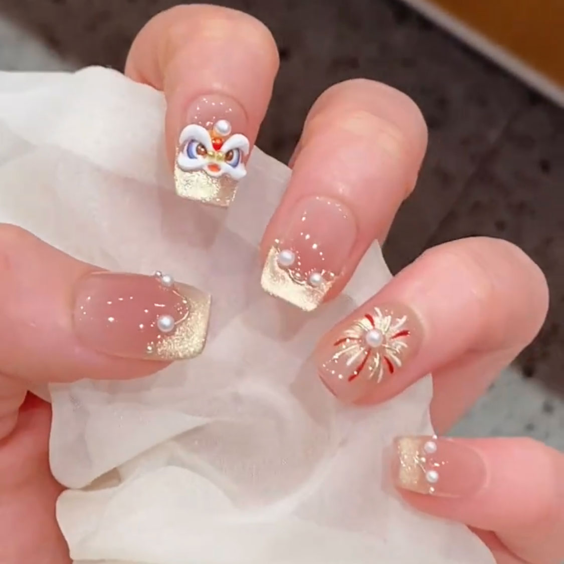 新年年烟花法式猫眼纯手工穿戴甲