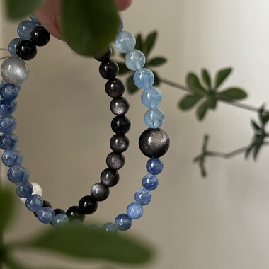 水-天然水晶黑发晶蓝晶石海蓝宝黑曜石手串招财五行喜水补水礼物