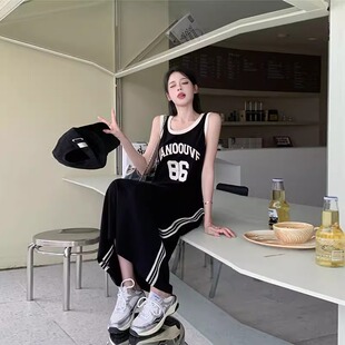 港味大码咖色字母背心裙2025夏季新款宽松显瘦过膝无袖连衣裙女装