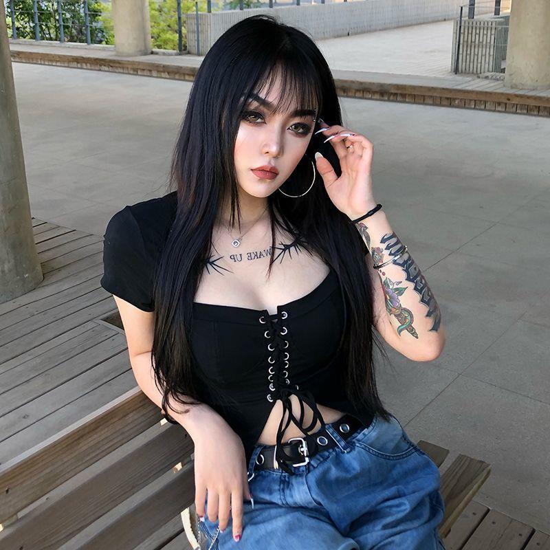 欧美胖MM绑带方领性感纯欲风300斤短袖修身特大码显瘦辣妹t恤上衣