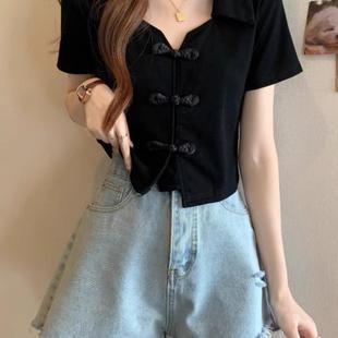 大码国风盘扣短袖t恤女夏季新款中式胖mm显瘦短款Polo领上衣300斤