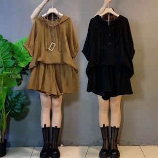 胖MM寬松連帽短袖 上衣短褲 套裝 夏季 300斤兩件套 女裝 慵懶風(fēng)超大碼