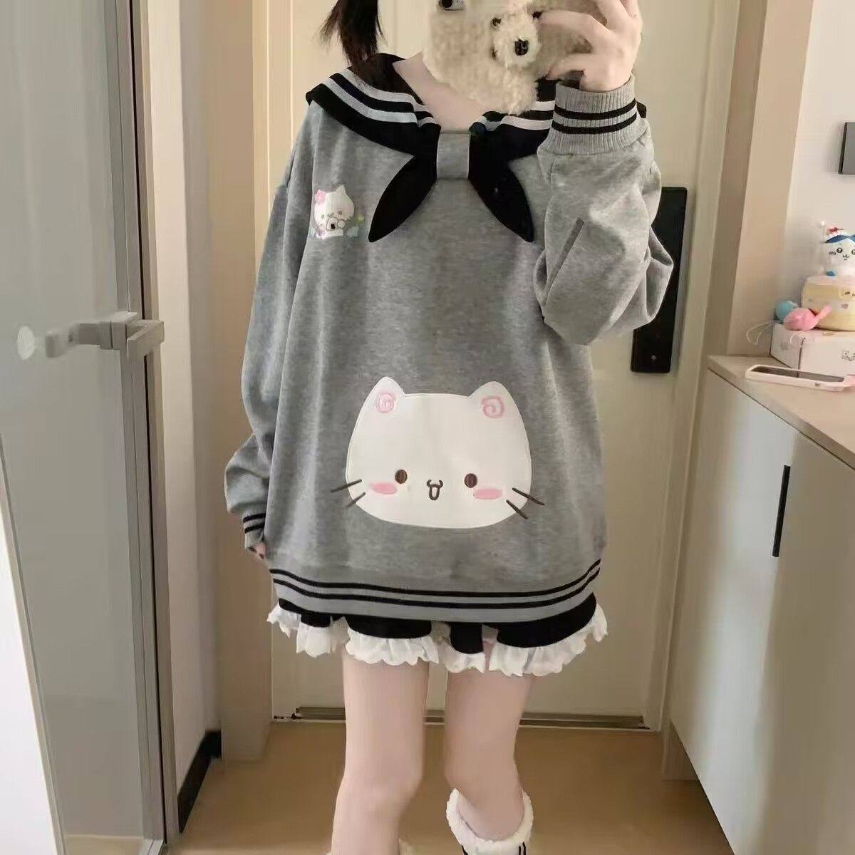 日系软妹猫咪印花长袖卫衣2-300斤宽松显瘦卡通软妹加肥大码上衣