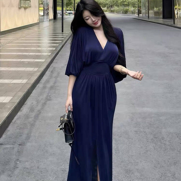 御姐气质v领短袖连衣裙女秋季薄款收腰大码黑色开叉包臀长裙300斤