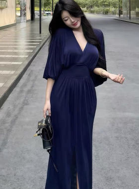 御姐气质v领短袖连衣裙女秋季薄款收腰大码黑色开叉包臀长裙300斤