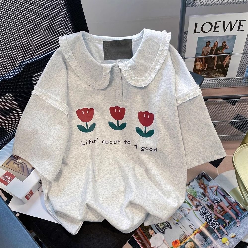 韩国东大门大码女装2025夏季可爱花朵娃娃领短袖韩版T恤300斤上衣