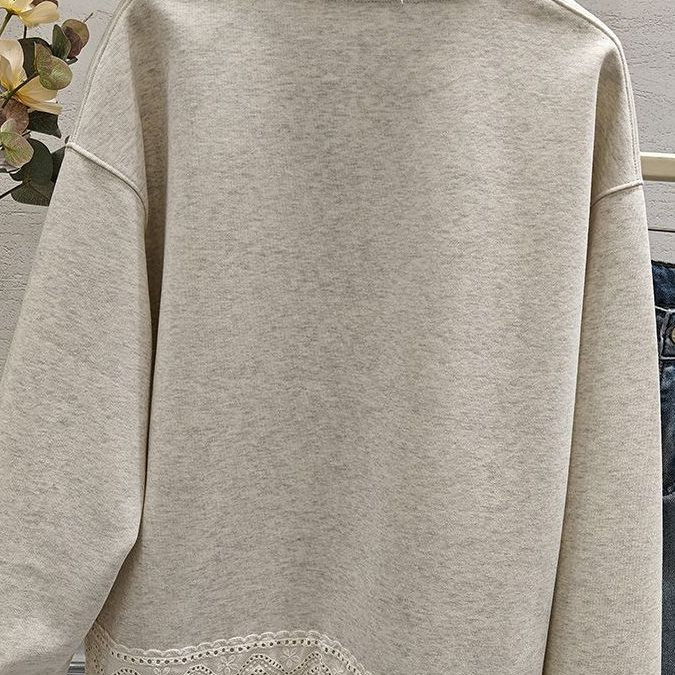 复古大码蕾丝花边小熊圆领卫衣女