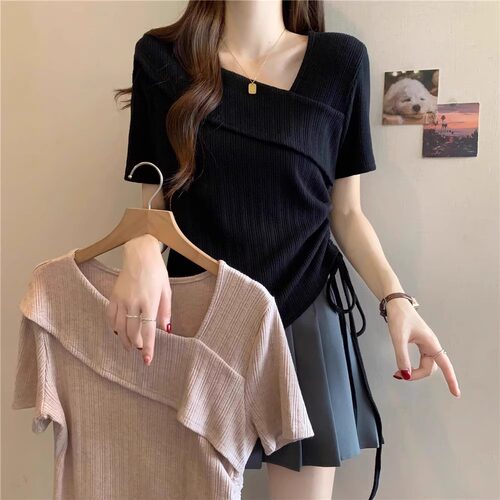 法式v领短袖T恤夏季大码显瘦