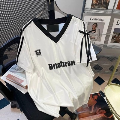 运动芭蕾风球衣T恤女短袖v领