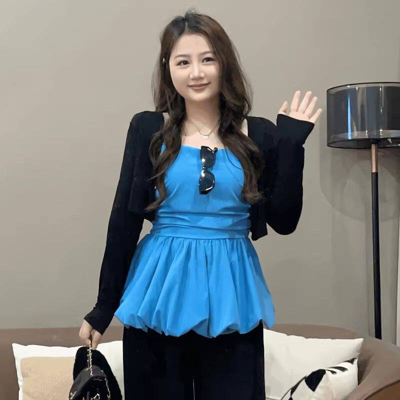 韩版抹胸花苞吊带背心女夏季300斤大码遮肉显瘦罩衫外穿无袖上衣