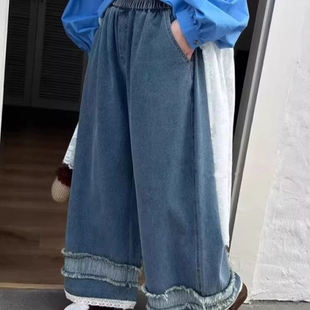 加肥大码森系复古拼接毛边蕾丝休闲牛仔裤300斤阔腿九分裤子夏季