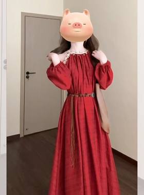 红色露肩挂脖连衣裙大码女长裙