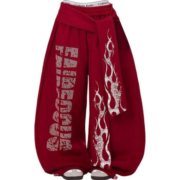 美式复古小众字母火焰飘带弯刀裤