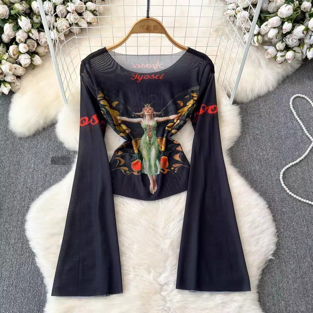 千禧辣妹蝴蝶网纱大码长袖T恤女2025胖mm打底美式喇叭袖300斤上衣