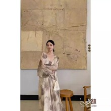 新中式国风大码套装女2025春秋新款水墨画连衣裙高级感大码裙子潮